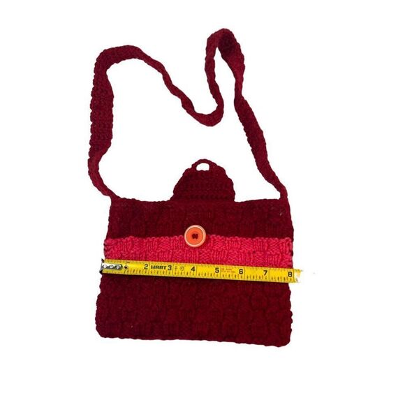 Handmade Crochet Knit Purse Set Red & Pink Yarn Button Shoulder Bag & Coin Pouch - Picture 11 of 11